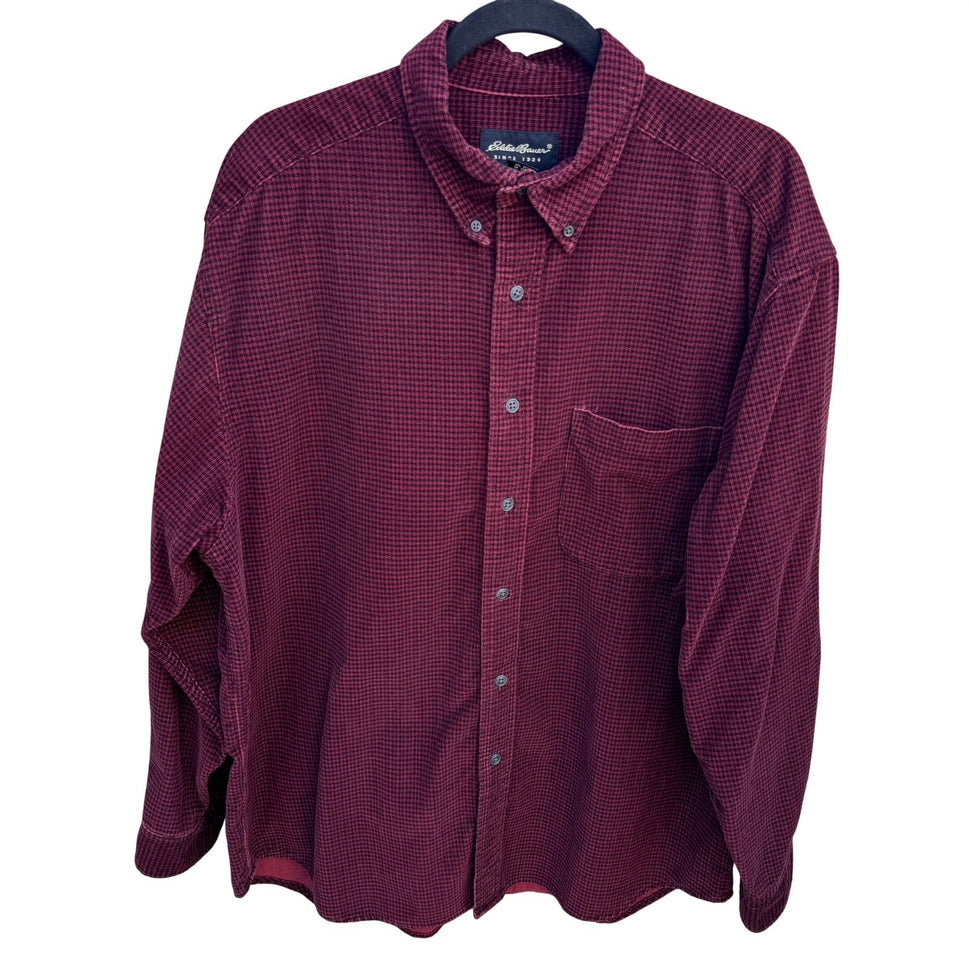 Eddie Bauer Mens Burgundy Houndstooth Corduroy Button Up Shirt Large Long Sleeve