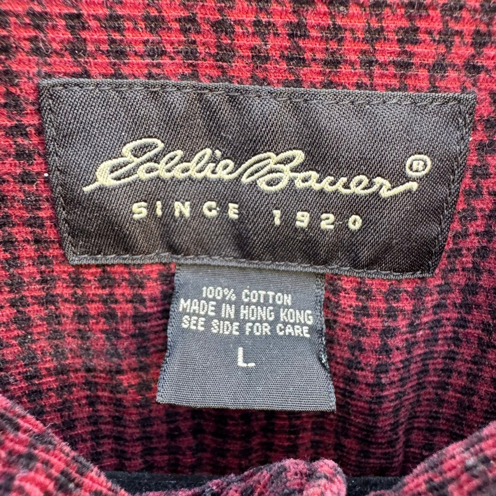 Eddie Bauer Mens Burgundy Houndstooth Corduroy Button Up Shirt Large Long Sleeve