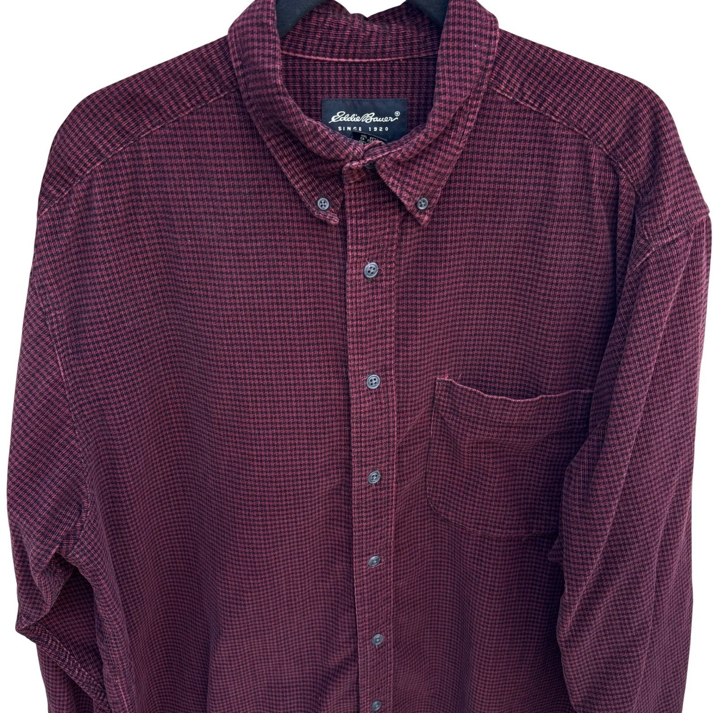 Eddie Bauer Mens Burgundy Houndstooth Corduroy Button Up Shirt Large Long Sleeve