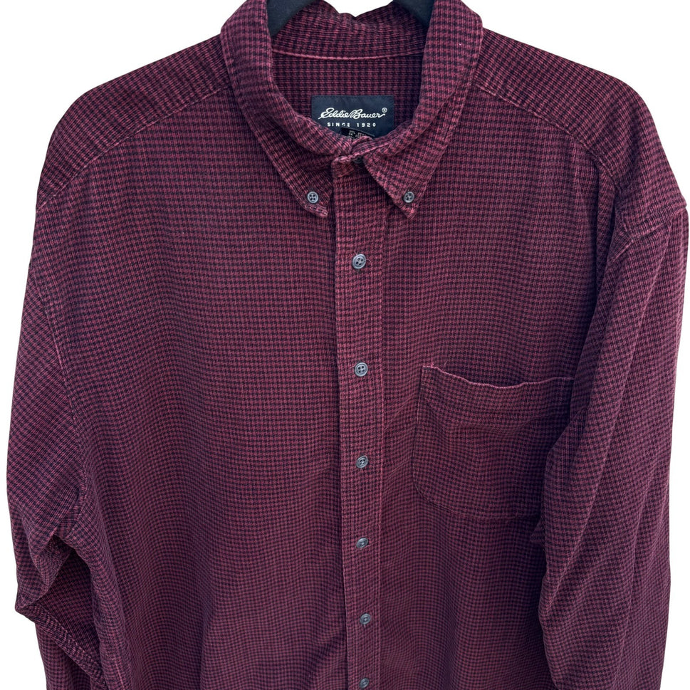 Eddie Bauer Mens Burgundy Houndstooth Corduroy Button Up Shirt Large Long Sleeve