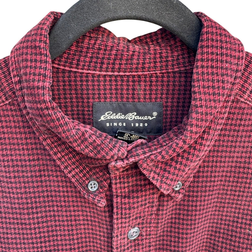Eddie Bauer Mens Burgundy Houndstooth Corduroy Button Up Shirt Large Long Sleeve