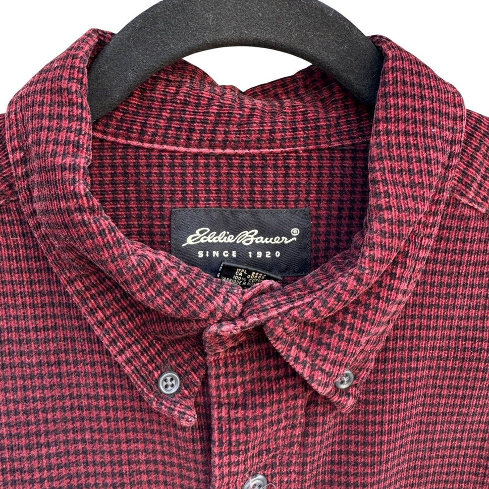 Eddie Bauer Mens Burgundy Houndstooth Corduroy Button Up Shirt Large Long Sleeve