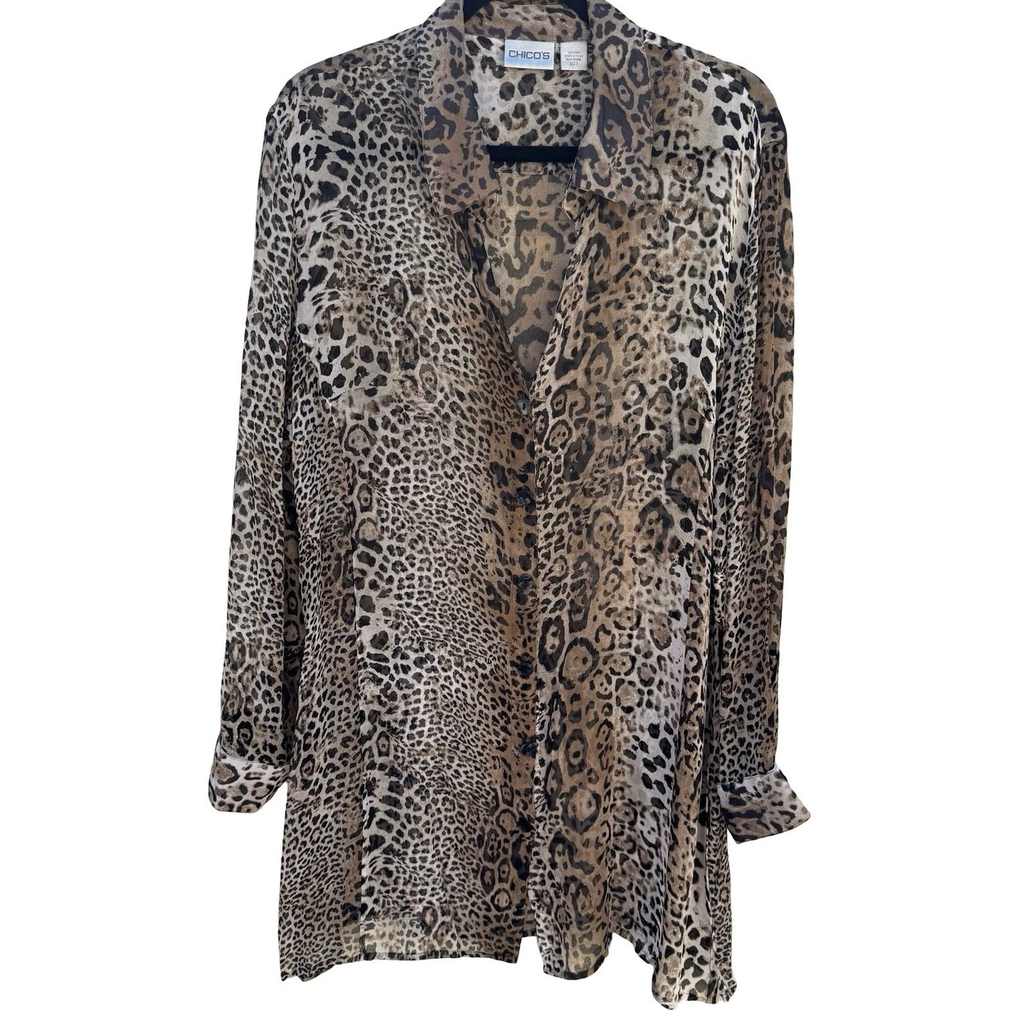 Chicos Silk Leopard Print Semi Sheer Blouse Brown Animal Print Tunic Size 3 XL