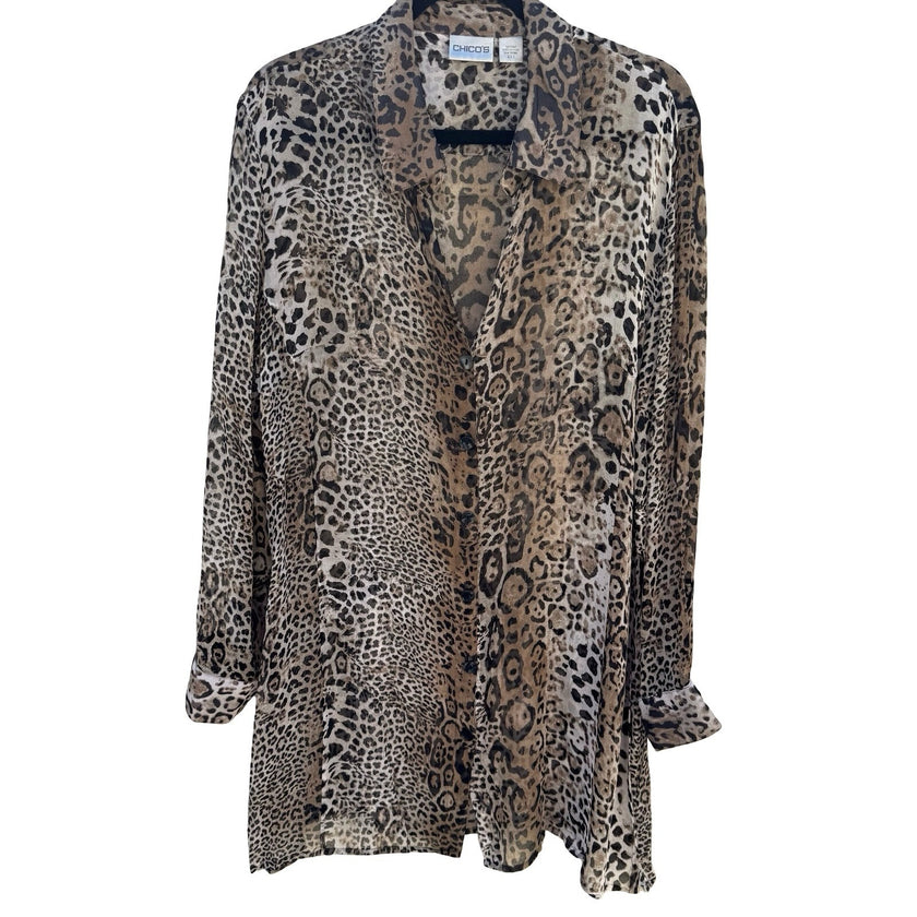 Chicos Silk Leopard Print Semi Sheer Blouse Brown Animal Print Tunic Size 3 XL