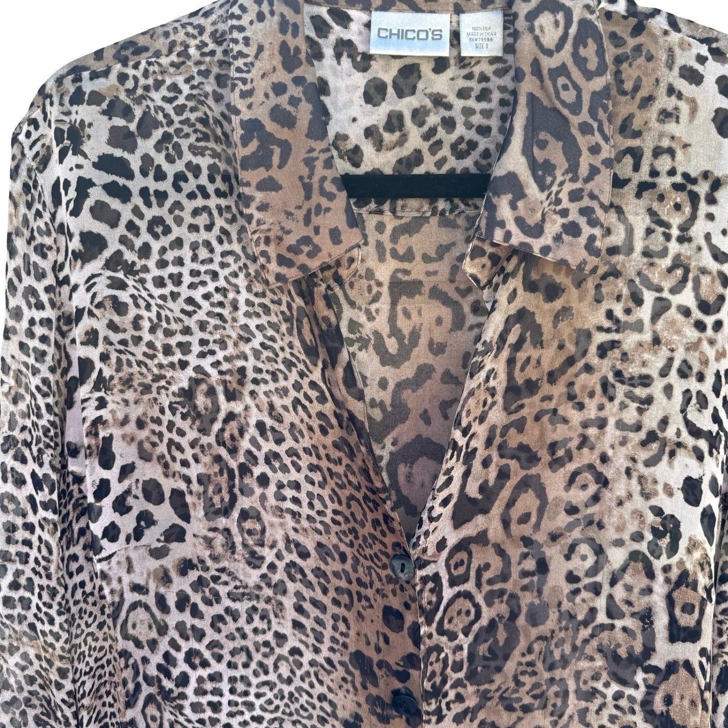 Chicos Silk Leopard Print Semi Sheer Blouse Brown Animal Print Tunic Size 3 XL
