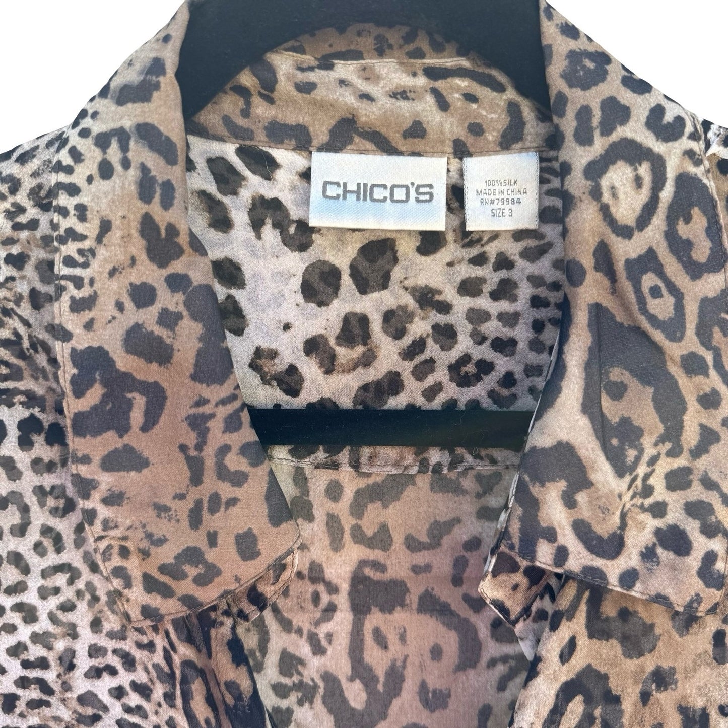Chicos Silk Leopard Print Semi Sheer Blouse Brown Animal Print Tunic Size 3 XL