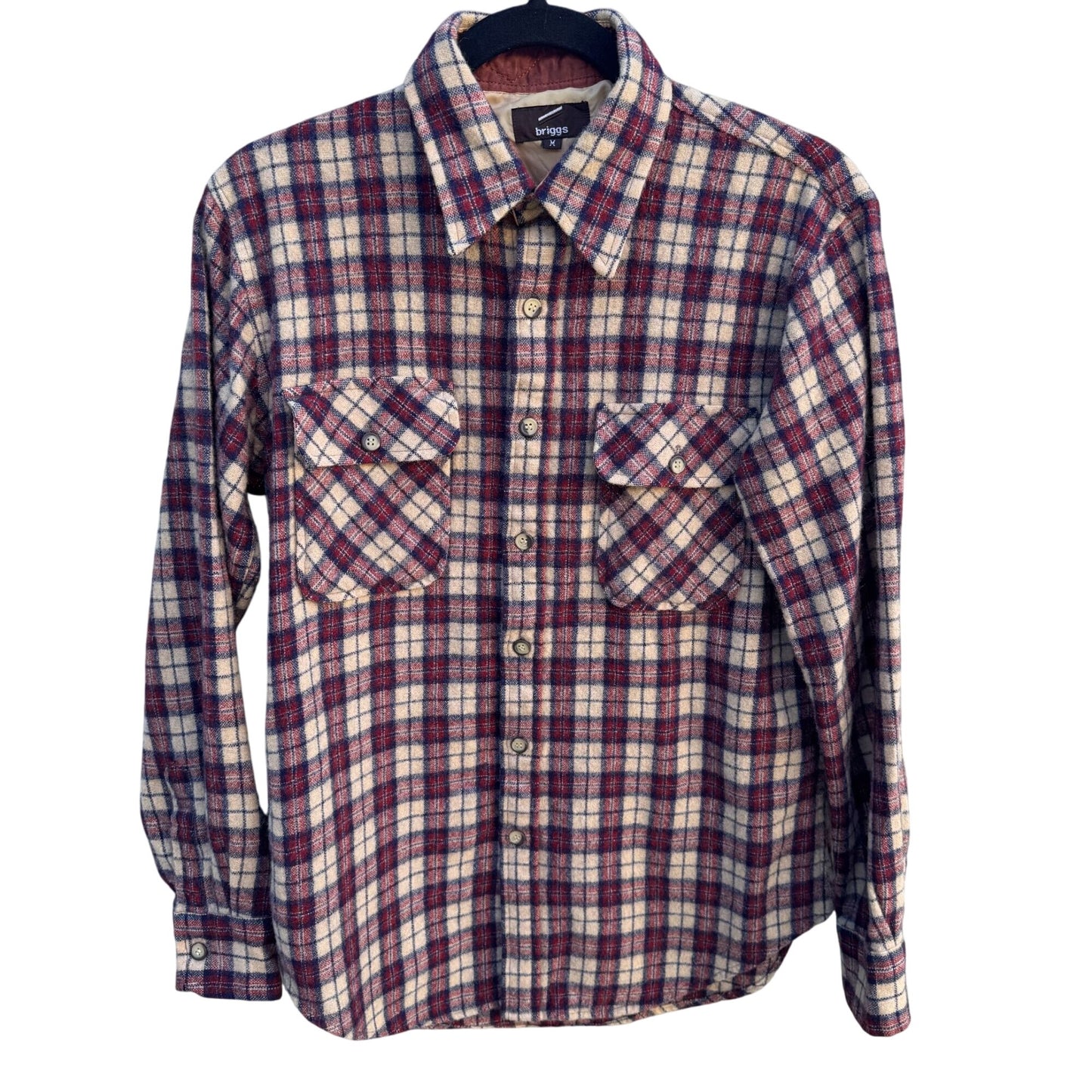 Briggs Vintage Plaid Grunge Outdoor Button-Up Flannel Shirt Western Beige Red M