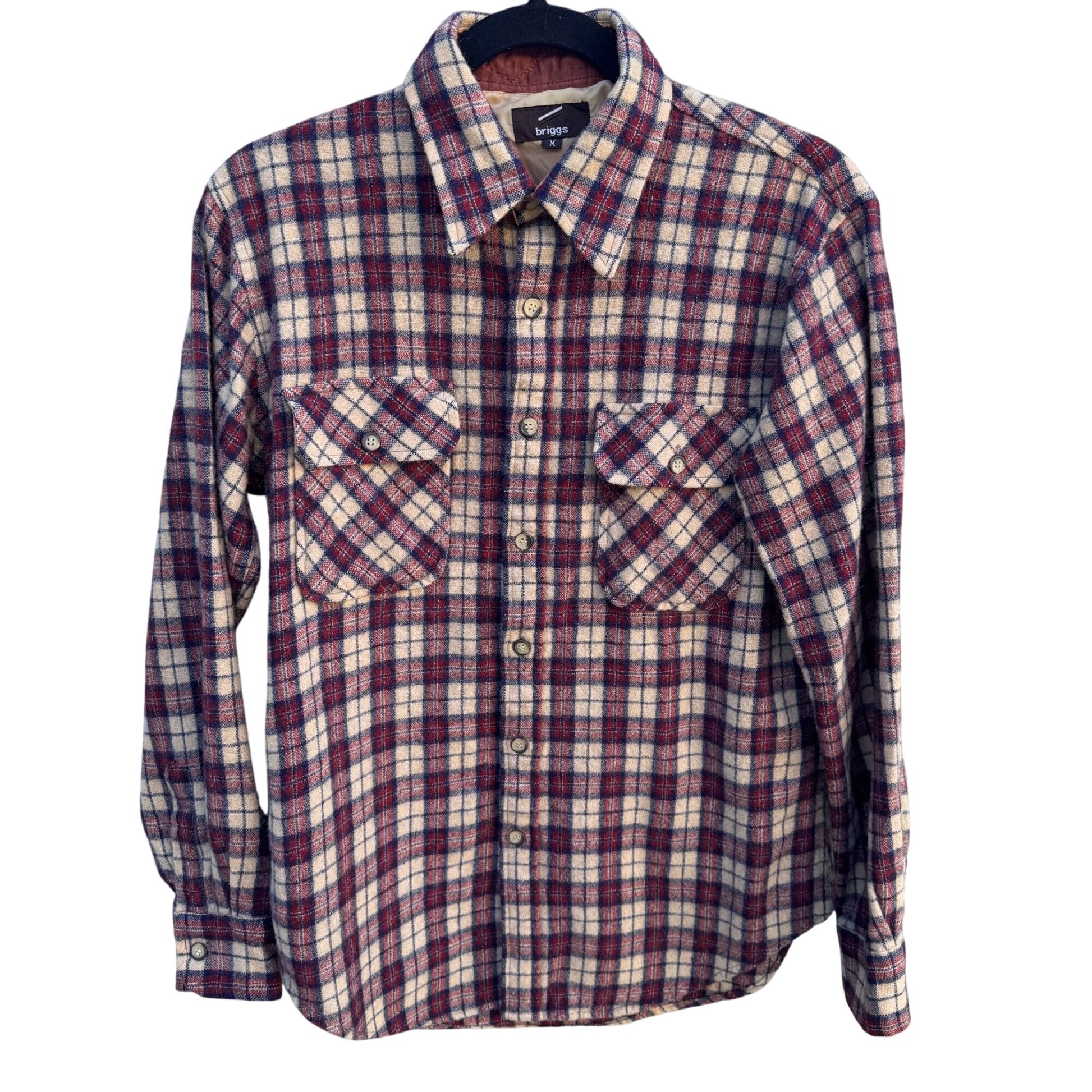 Briggs Vintage Plaid Grunge Outdoor Button-Up Flannel Shirt Western Beige Red M