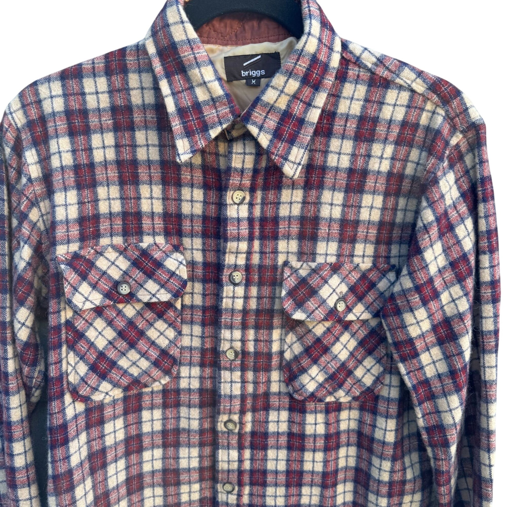 Briggs Vintage Plaid Grunge Outdoor Button-Up Flannel Shirt Western Beige Red M