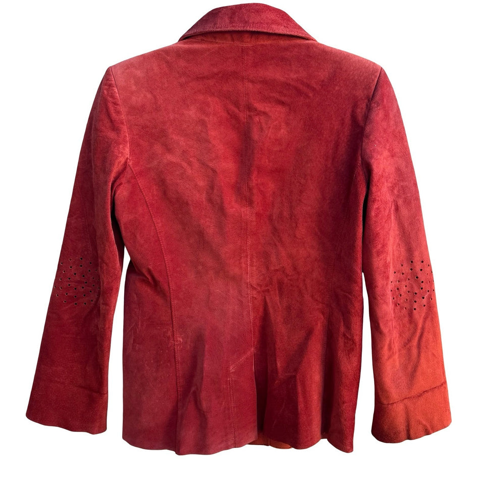 Cynthia Steffe Y2K Perforated Suede Leather Moto Western Boho Jacket Tomato Red