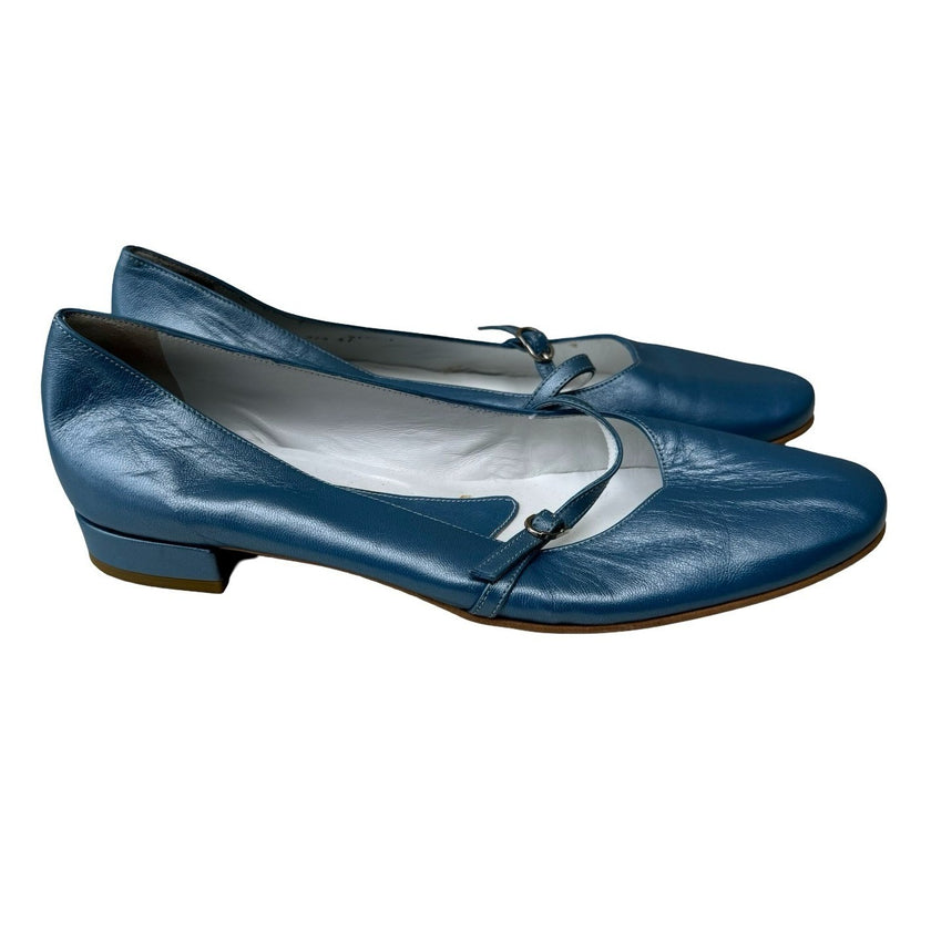 Garbo Ferrerias Mod Leather Mary Jane Block Heel Round Toe Flats Blue Womens 41