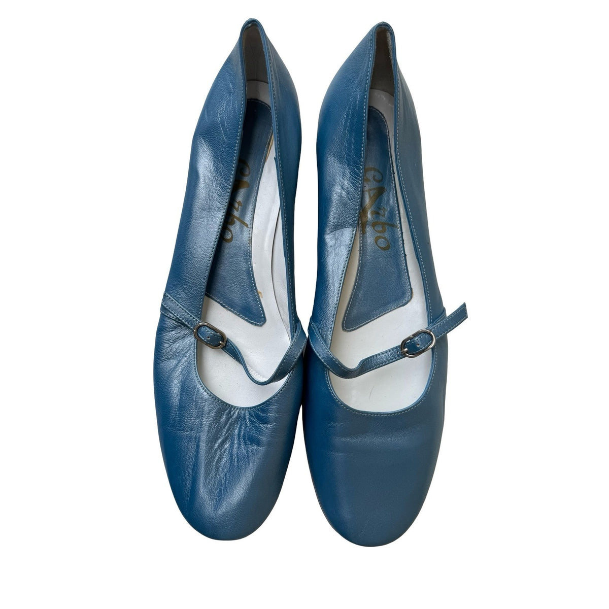 Garbo Ferrerias Mod Leather Mary Jane Block Heel Round Toe Flats Blue Womens 41