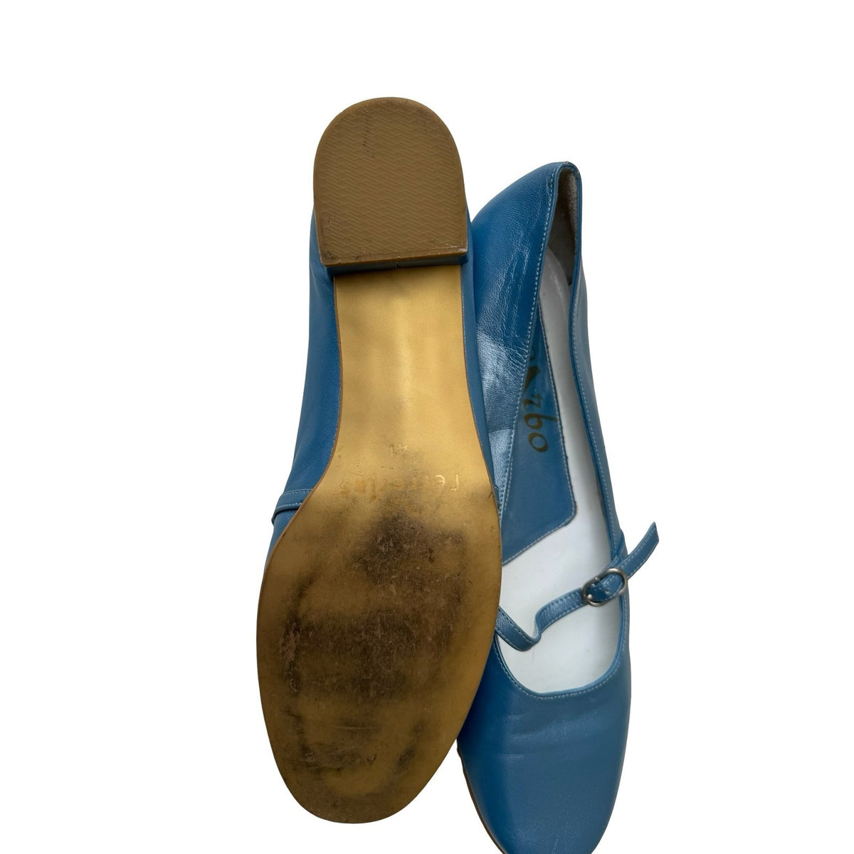 Garbo Ferrerias Mod Leather Mary Jane Block Heel Round Toe Flats Blue Womens 41