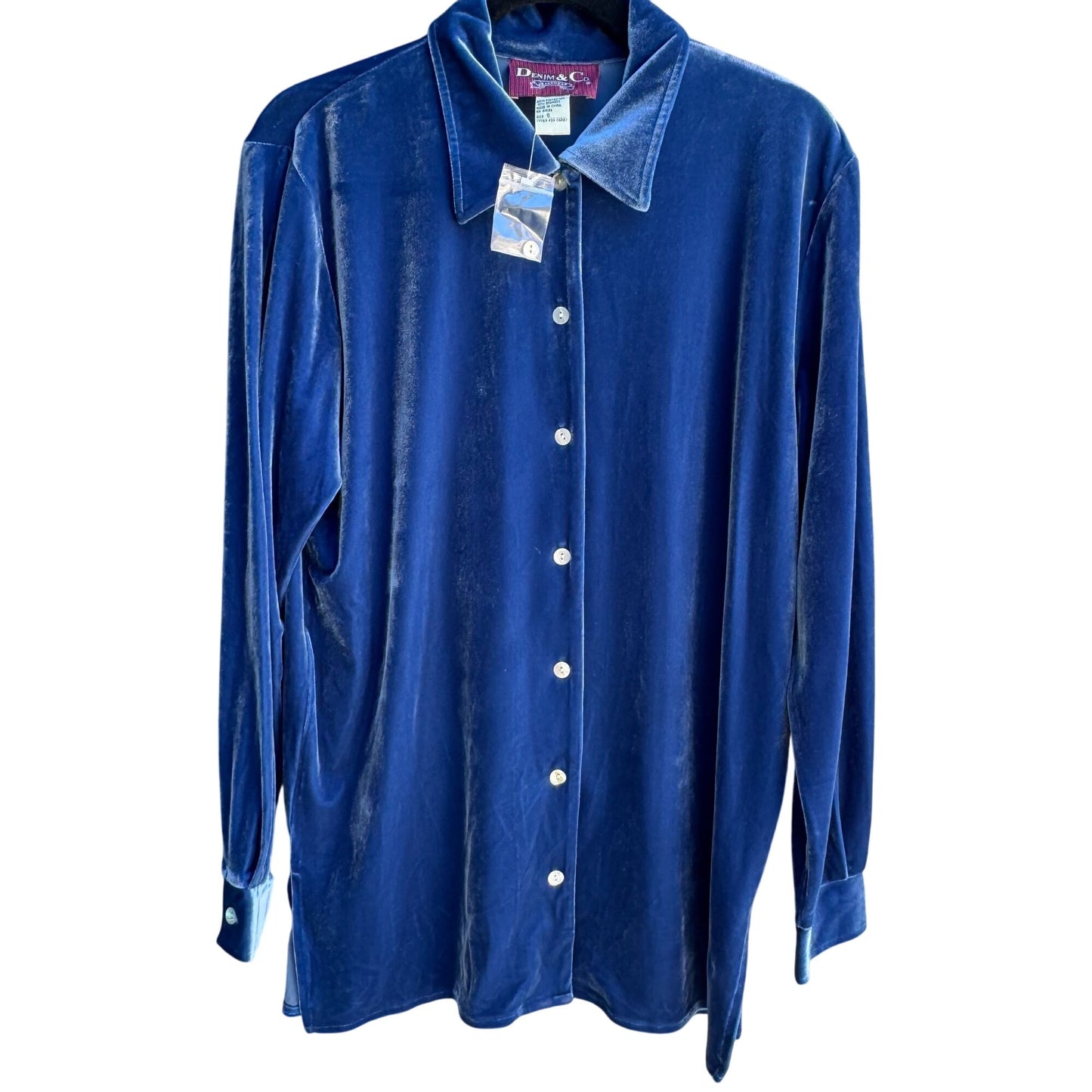 Denim & Co Vintage Womens Blue Velvet Long Sleeve Glam Button-Up Shirt New S