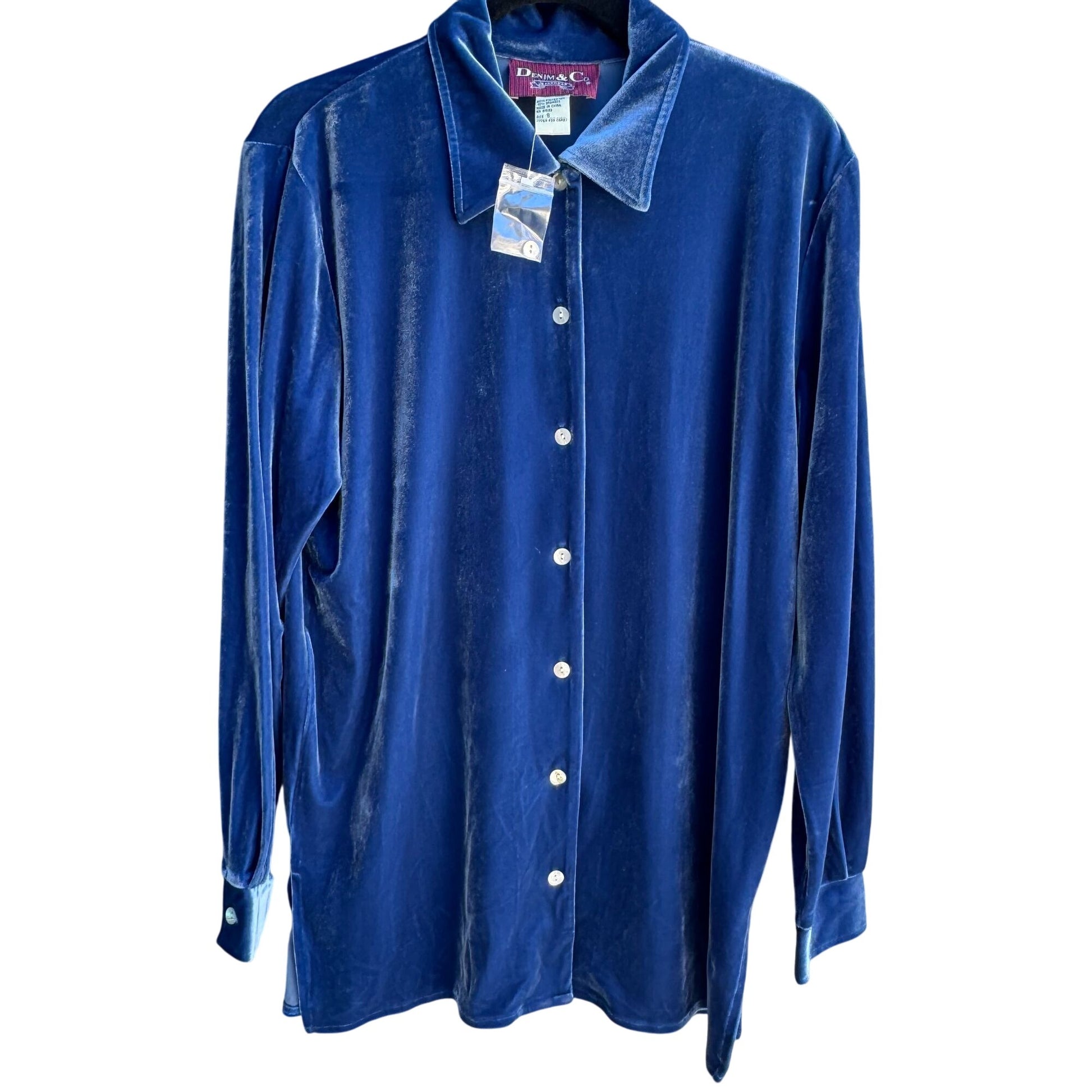Denim & Co Vintage Womens Blue Velvet Long Sleeve Glam Button-Up Shirt New S