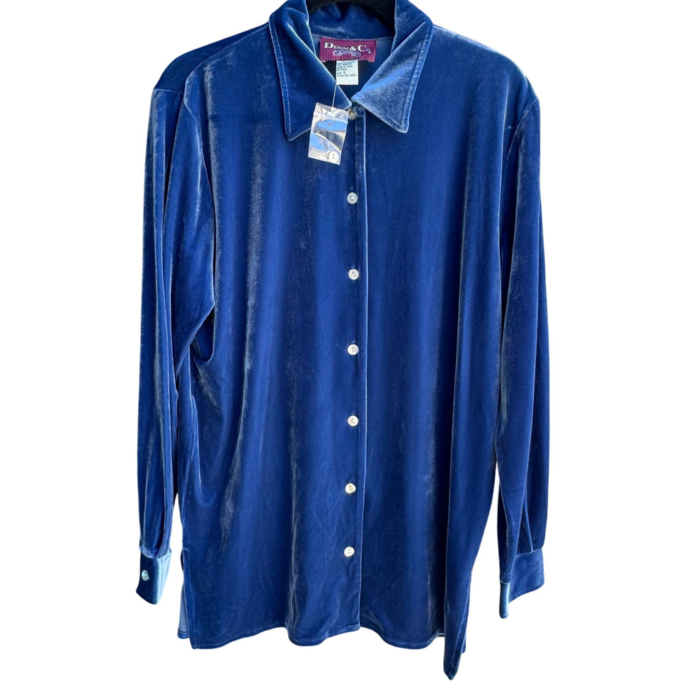Denim & Co Vintage Womens Blue Velvet Long Sleeve Glam Button-Up Shirt New S