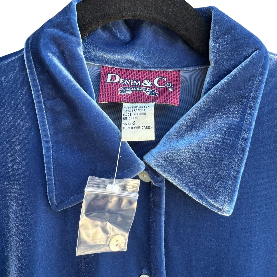 Denim & Co Vintage Womens Blue Velvet Long Sleeve Glam Button-Up Shirt New S