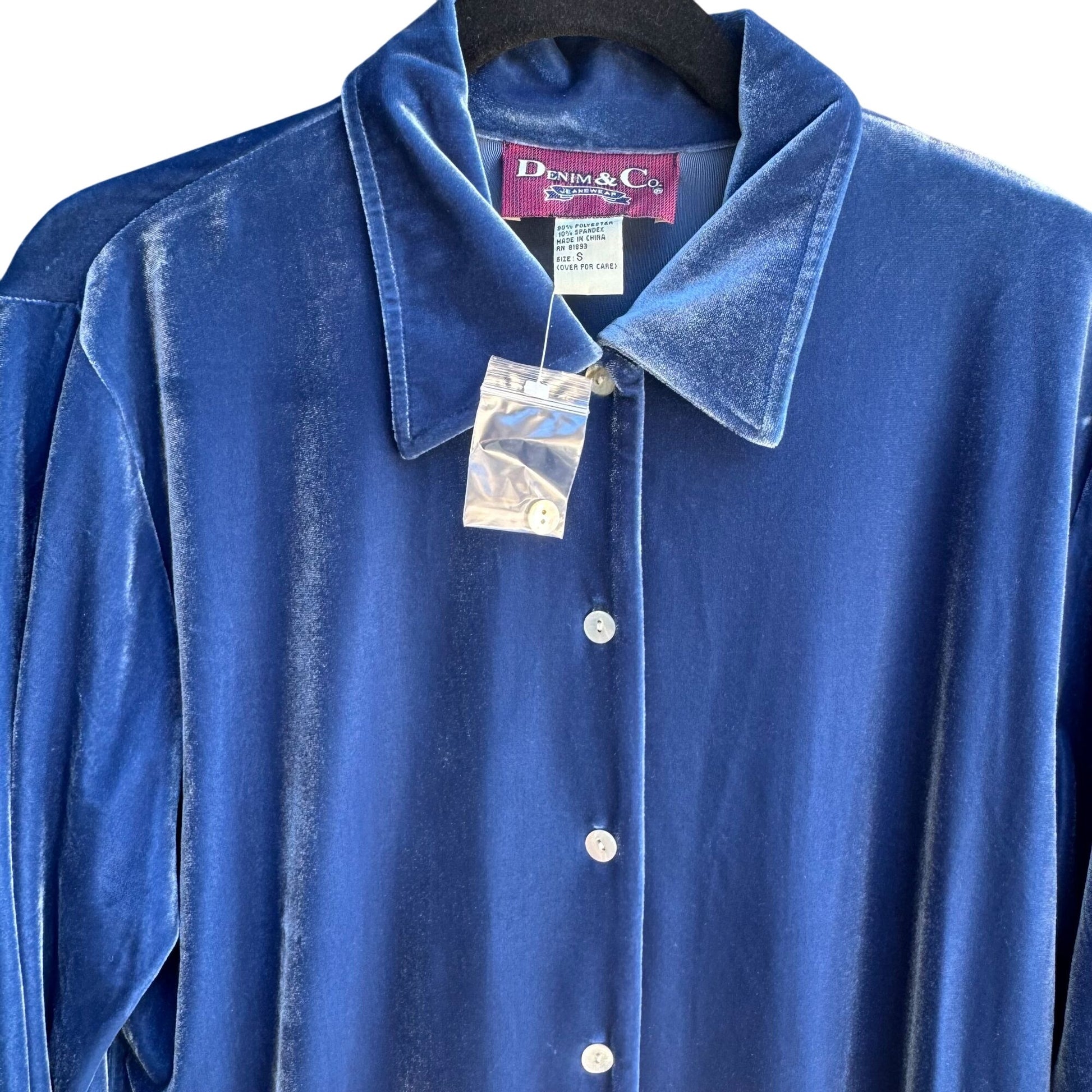 Denim & Co Vintage Womens Blue Velvet Long Sleeve Glam Button-Up Shirt New S