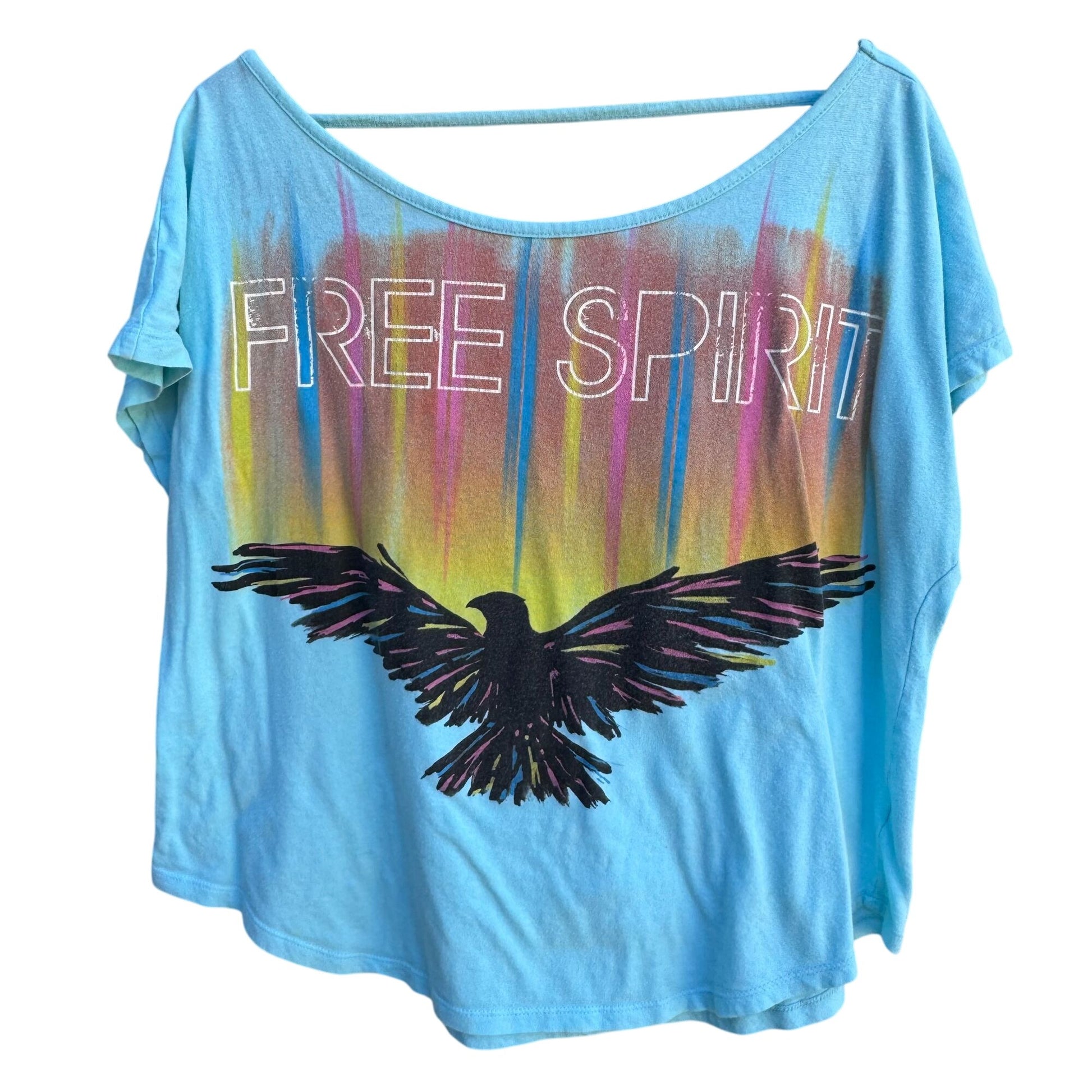 Free Spirit Vintage 90s Y2K Boho Bird Festival Blue Watercolor Open V Back Shirt