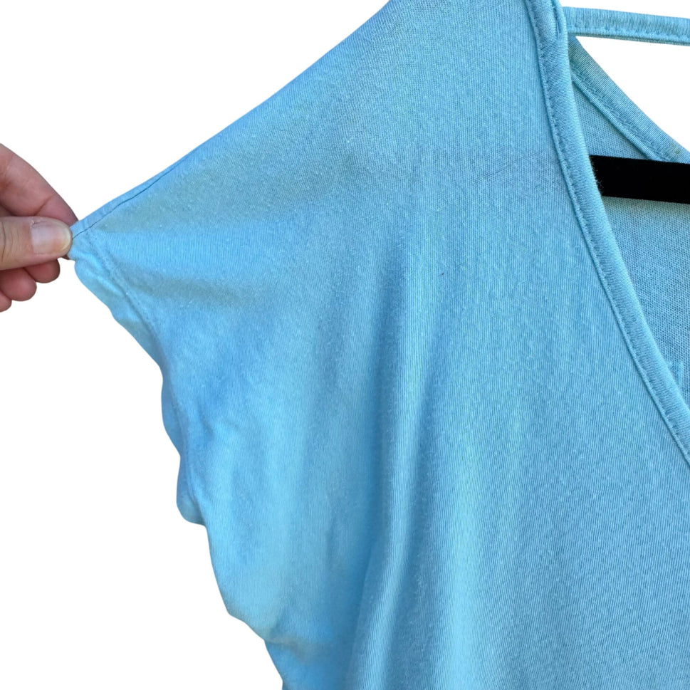 Free Spirit Vintage 90s Y2K Boho Bird Festival Blue Watercolor Open V Back Shirt