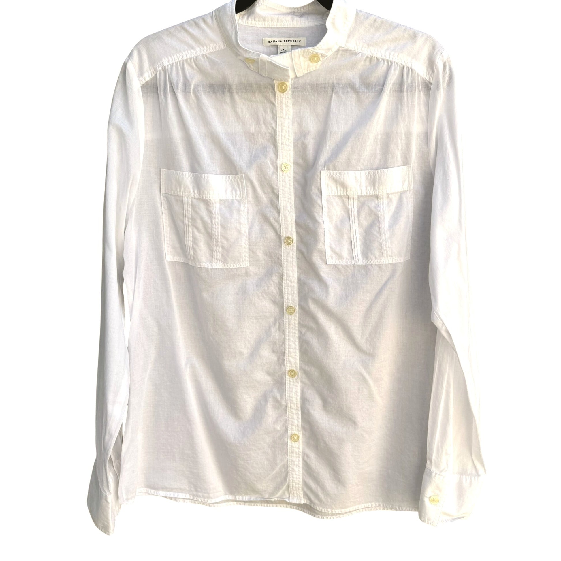 Banana Republic White Button Up Long Sleeve Chest Pockets Mandarin Collar Shirt