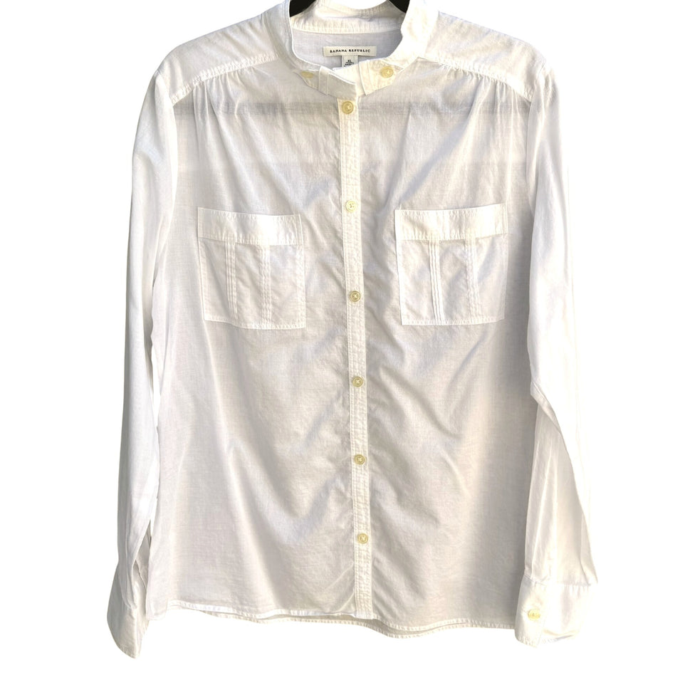 Banana Republic White Button Up Long Sleeve Chest Pockets Mandarin Collar Shirt
