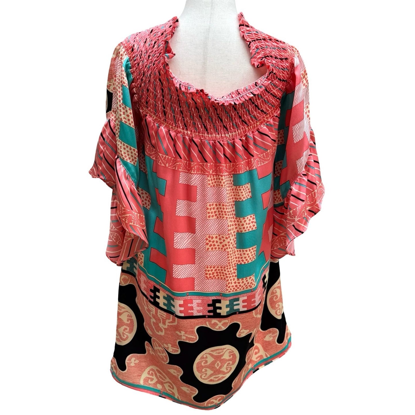 Voom Joy Han Y2K Art Deco Boho Fairy Festival Smocked Bell Sleeve Mini Dress S