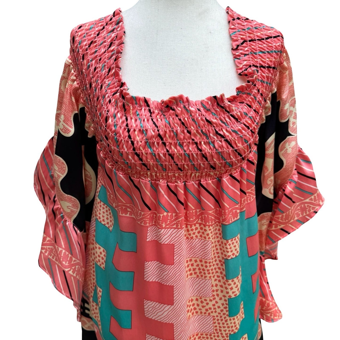 Voom Joy Han Y2K Art Deco Boho Fairy Festival Smocked Bell Sleeve Mini Dress S