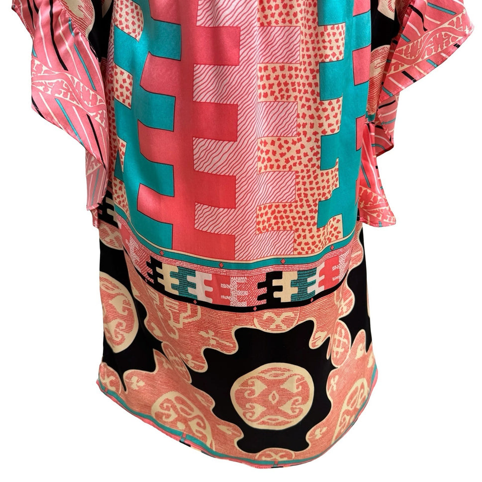 Voom Joy Han Y2K Art Deco Boho Fairy Festival Smocked Bell Sleeve Mini Dress S