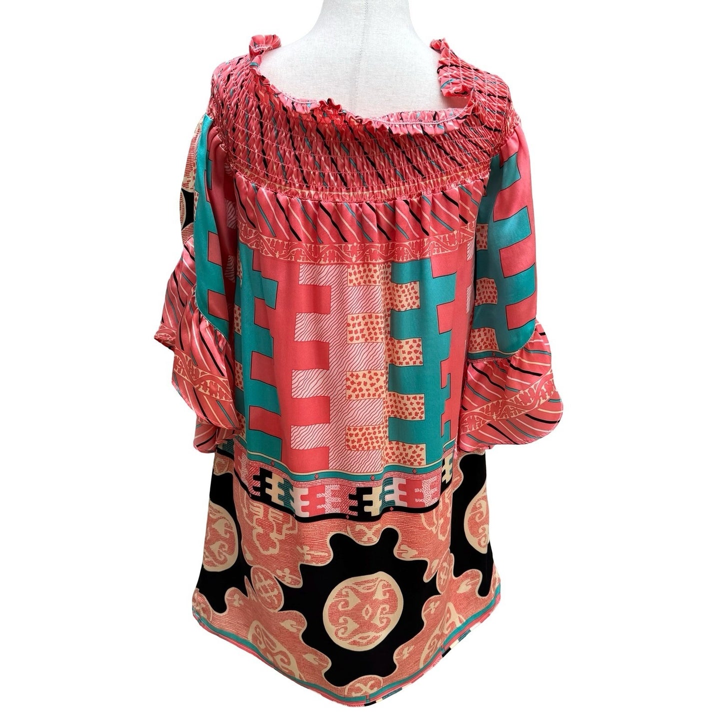 Voom Joy Han Y2K Art Deco Boho Fairy Festival Smocked Bell Sleeve Mini Dress S