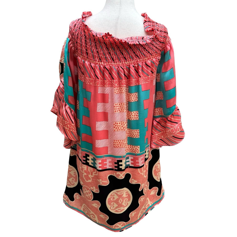 Voom Joy Han Y2K Art Deco Boho Fairy Festival Smocked Bell Sleeve Mini Dress S
