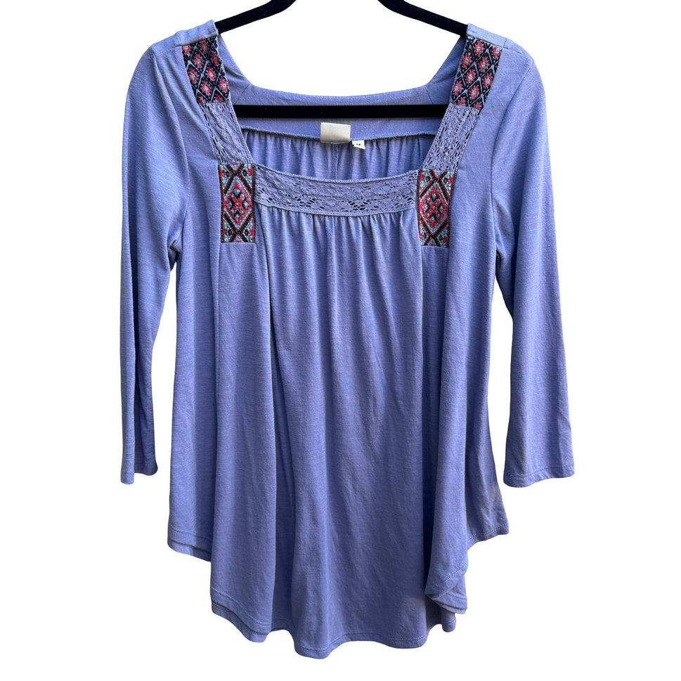Mudd Boho Embroidered Crochet Trim Hippie Folk Tunic Peasant Top Periwinkle M