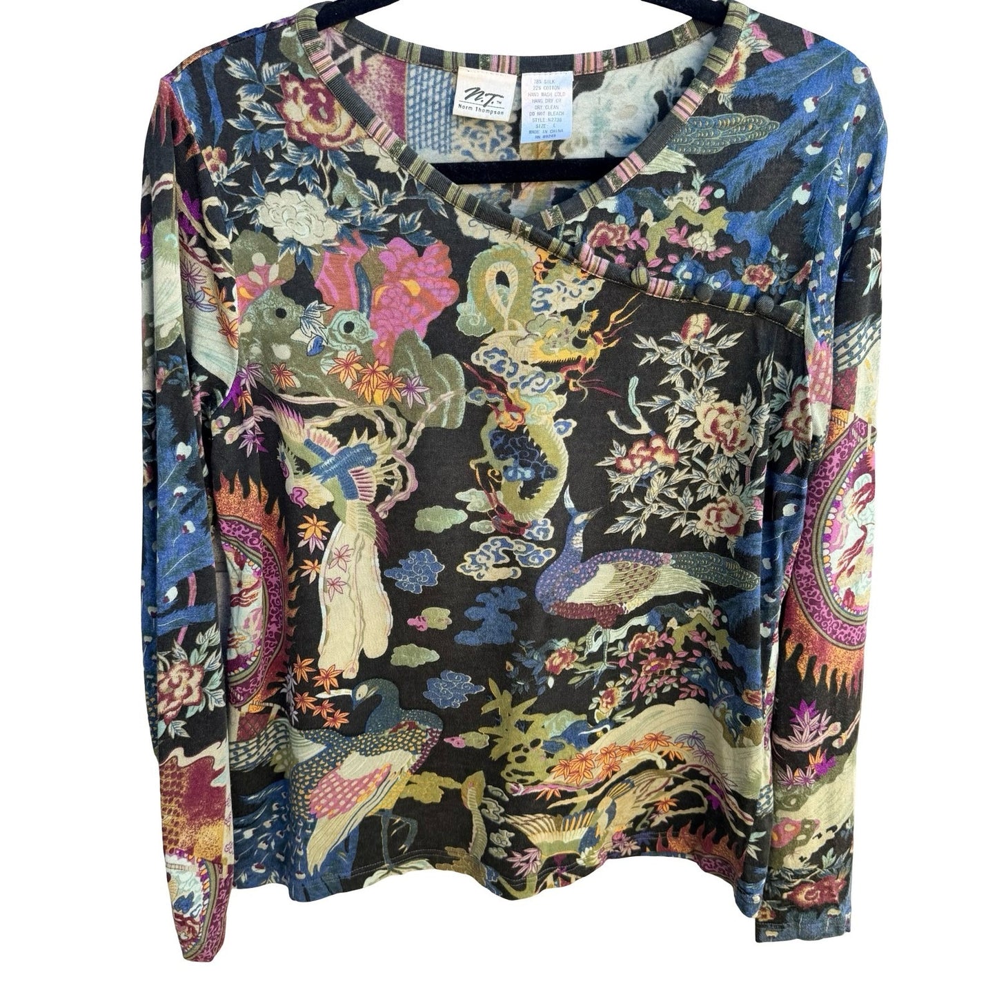 Norm Thompson Vintage Silk Cotton Chinoiserie Dragon Peacock Artsy Boho Blouse L