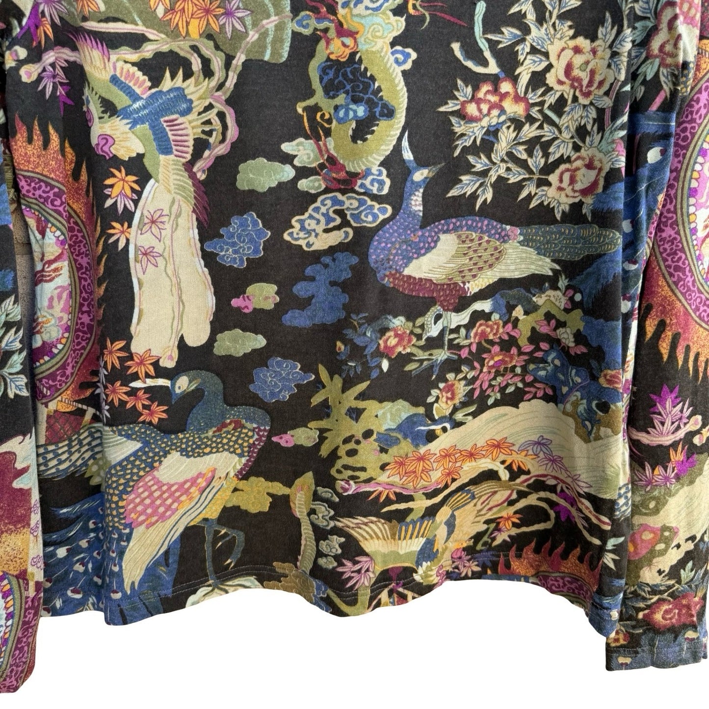 Norm Thompson Vintage Silk Cotton Chinoiserie Dragon Peacock Artsy Boho Blouse L