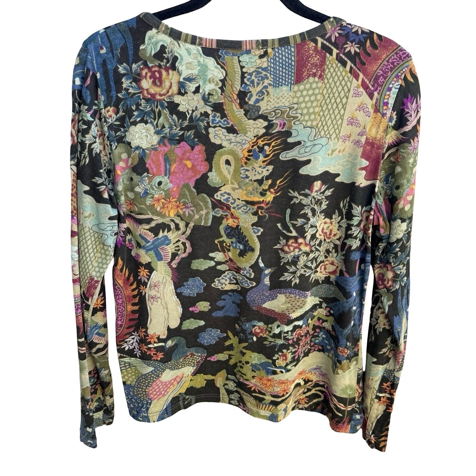 Norm Thompson Vintage Silk Cotton Chinoiserie Dragon Peacock Artsy Boho Blouse L