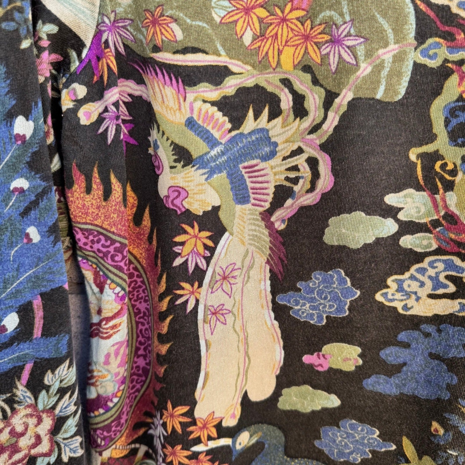 Norm Thompson Vintage Silk Cotton Chinoiserie Dragon Peacock Artsy Boho Blouse L