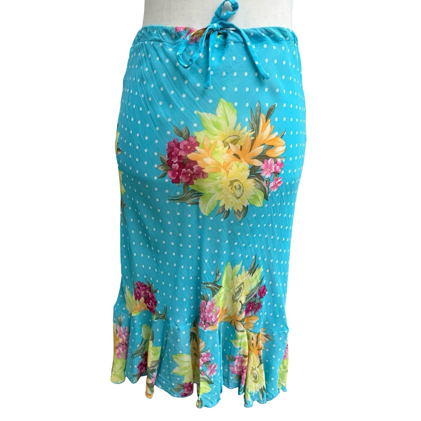 Sharagano Paris Y2K Mermaidcore Turquoise Floral Polka Dot Ruffle Hem Midi Skirt