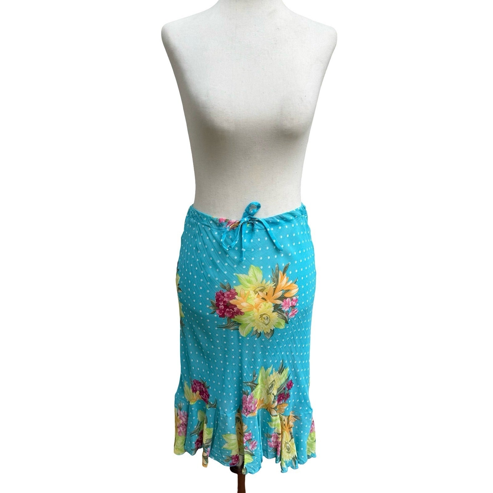 Sharagano Paris Y2K Mermaidcore Turquoise Floral Polka Dot Ruffle Hem Midi Skirt