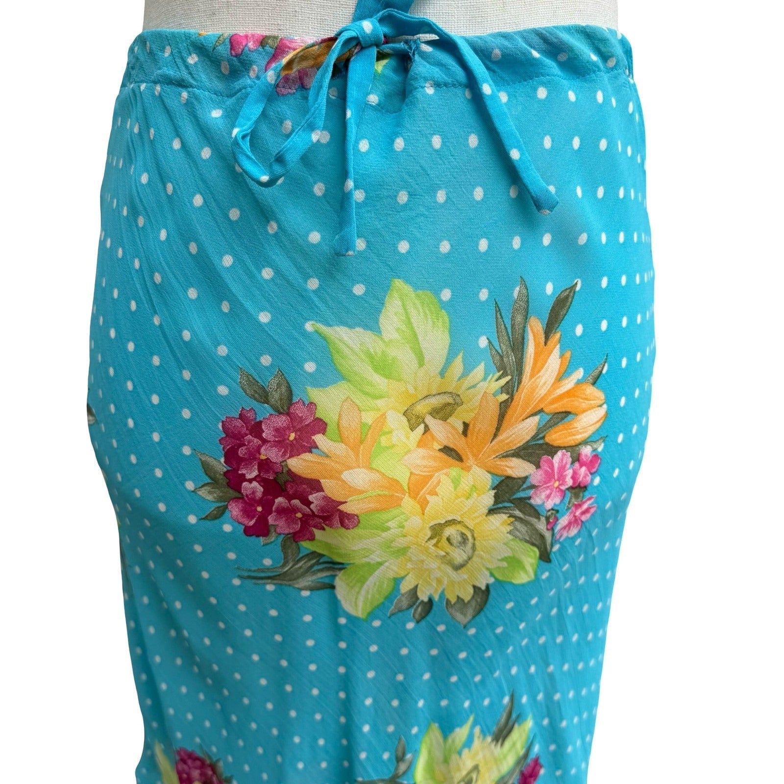 Sharagano Paris Y2K Mermaidcore Turquoise Floral Polka Dot Ruffle Hem Midi Skirt