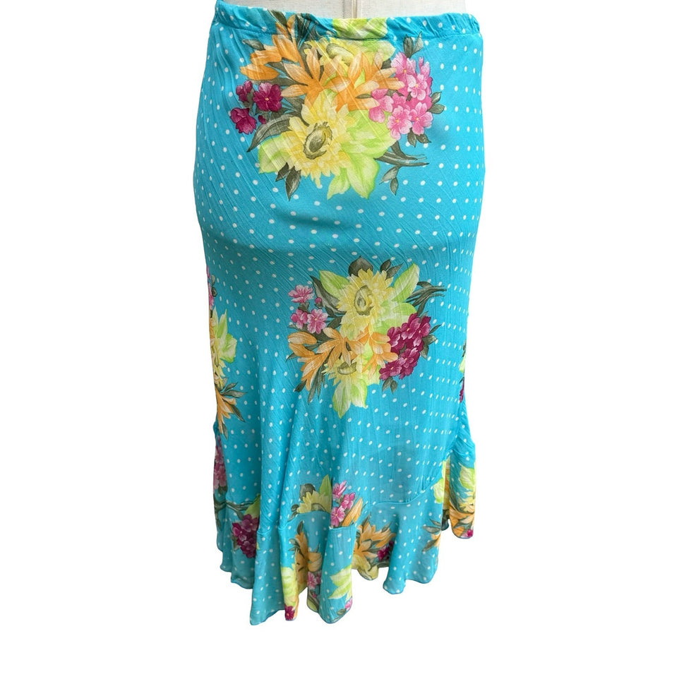 Sharagano Paris Y2K Mermaidcore Turquoise Floral Polka Dot Ruffle Hem Midi Skirt