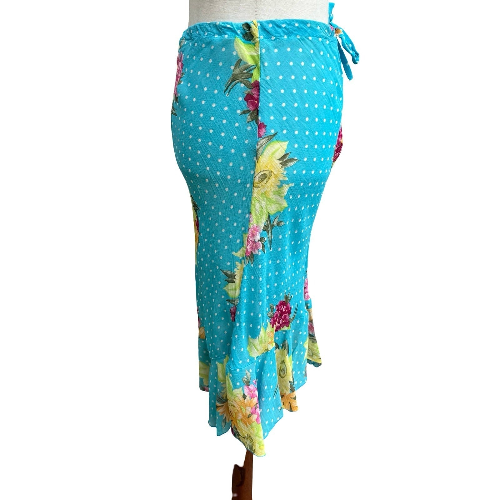 Sharagano Paris Y2K Mermaidcore Turquoise Floral Polka Dot Ruffle Hem Midi Skirt