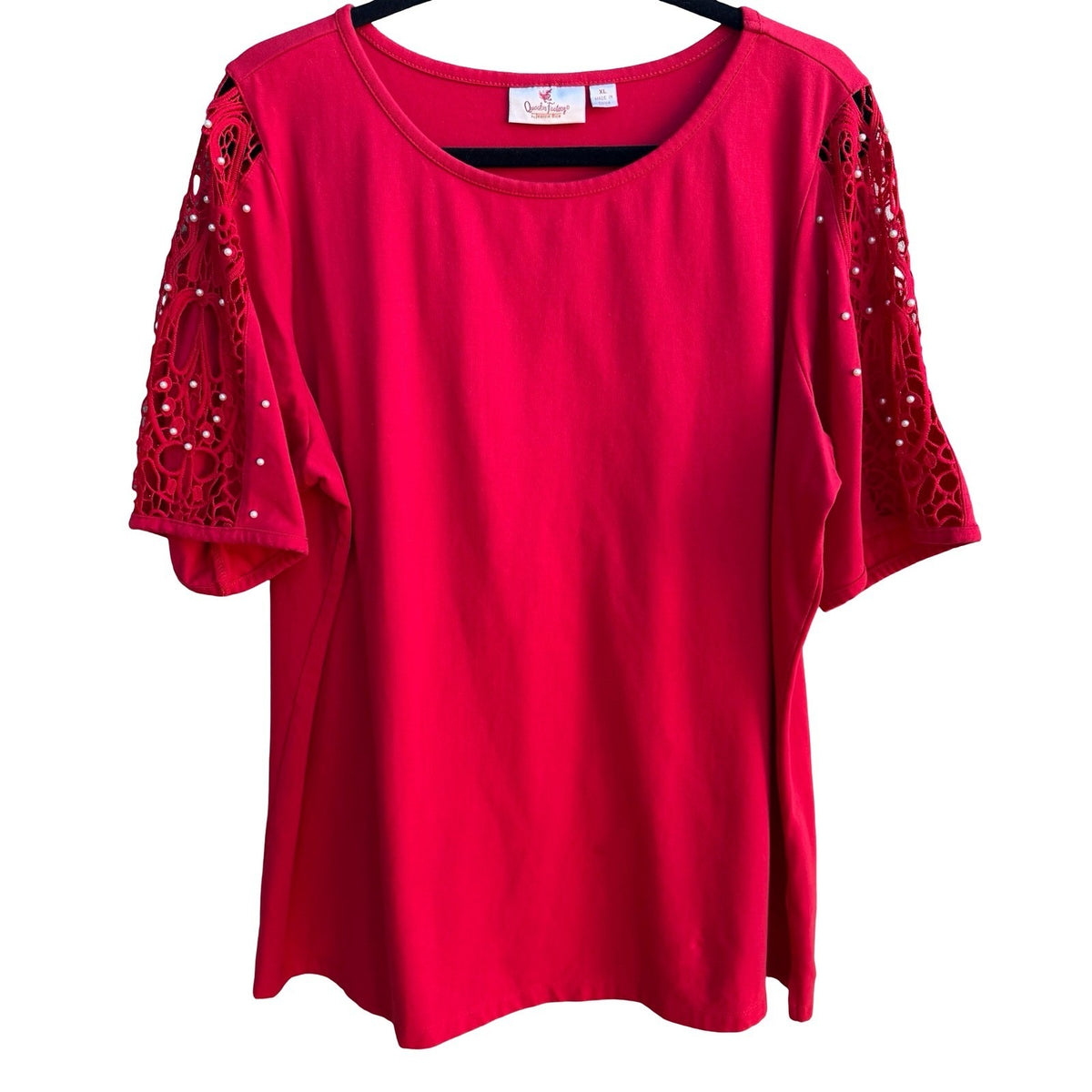 Quacker Factory Coquette Romantic Crochet Lace Pearl Embellished Blouse Red XL