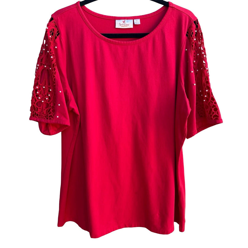 Quacker Factory Coquette Romantic Crochet Lace Pearl Embellished Blouse Red XL