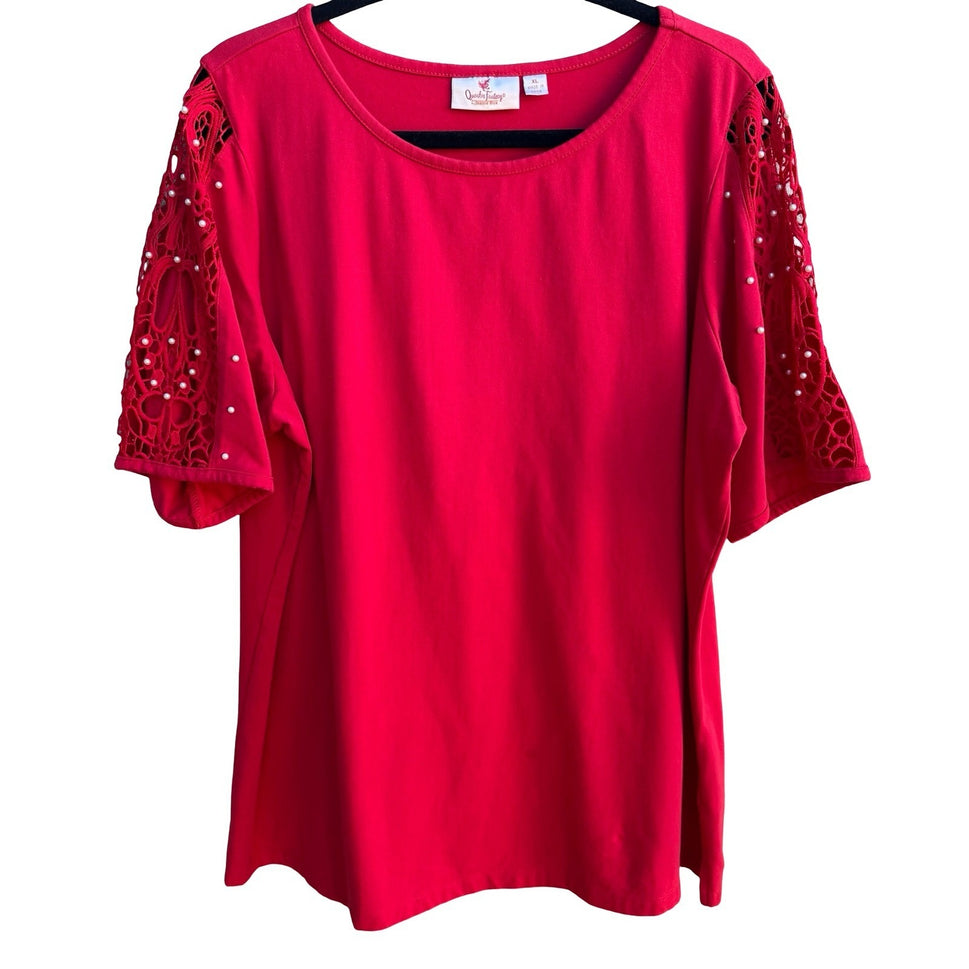 Quacker Factory Coquette Romantic Crochet Lace Pearl Embellished Blouse Red XL