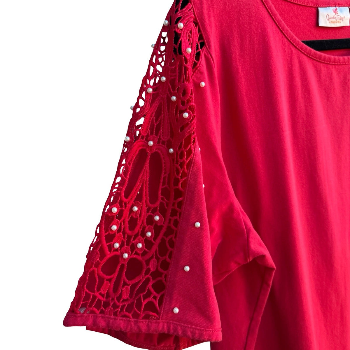 Quacker Factory Coquette Romantic Crochet Lace Pearl Embellished Blouse Red XL