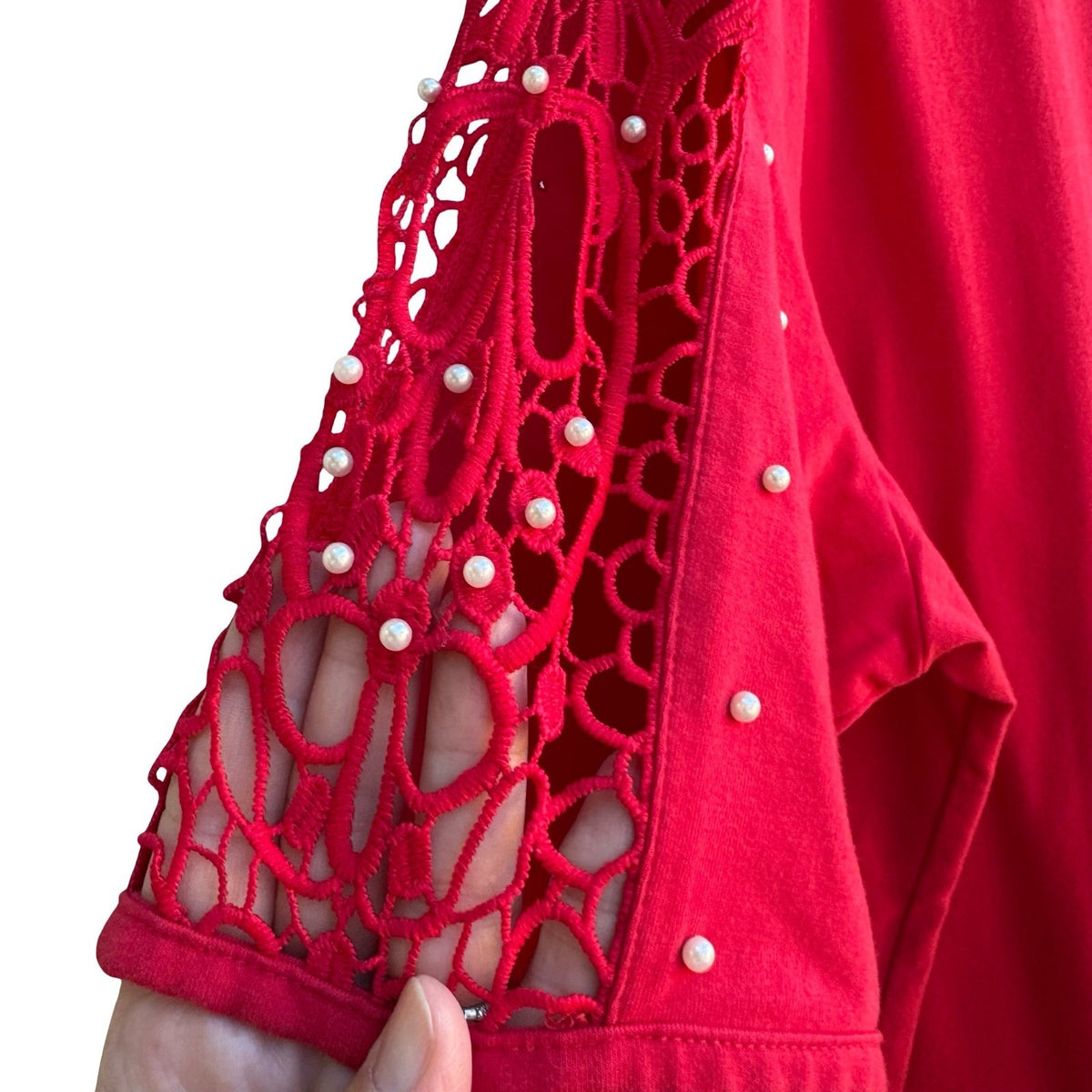 Quacker Factory Coquette Romantic Crochet Lace Pearl Embellished Blouse Red XL