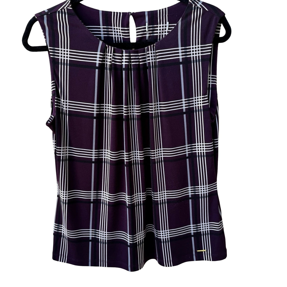 Calvin Klein Preppy Plaid Minimalist Pleated Neck Sleeveless Blouse Purple M