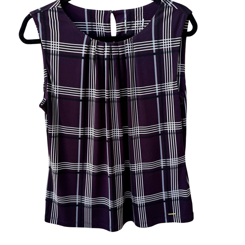 Calvin Klein Preppy Plaid Minimalist Pleated Neck Sleeveless Blouse Purple M