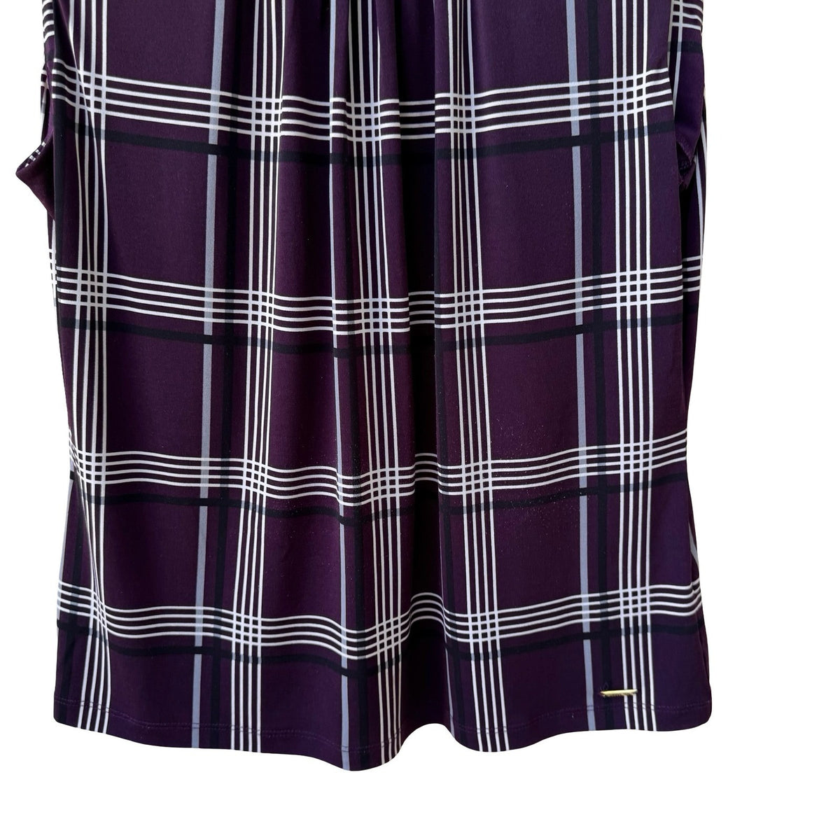 Calvin Klein Preppy Plaid Minimalist Pleated Neck Sleeveless Blouse Purple M