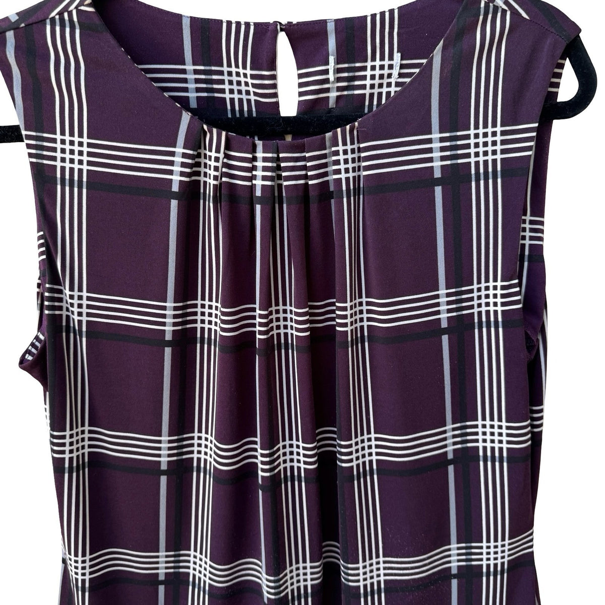 Calvin Klein Preppy Plaid Minimalist Pleated Neck Sleeveless Blouse Purple M